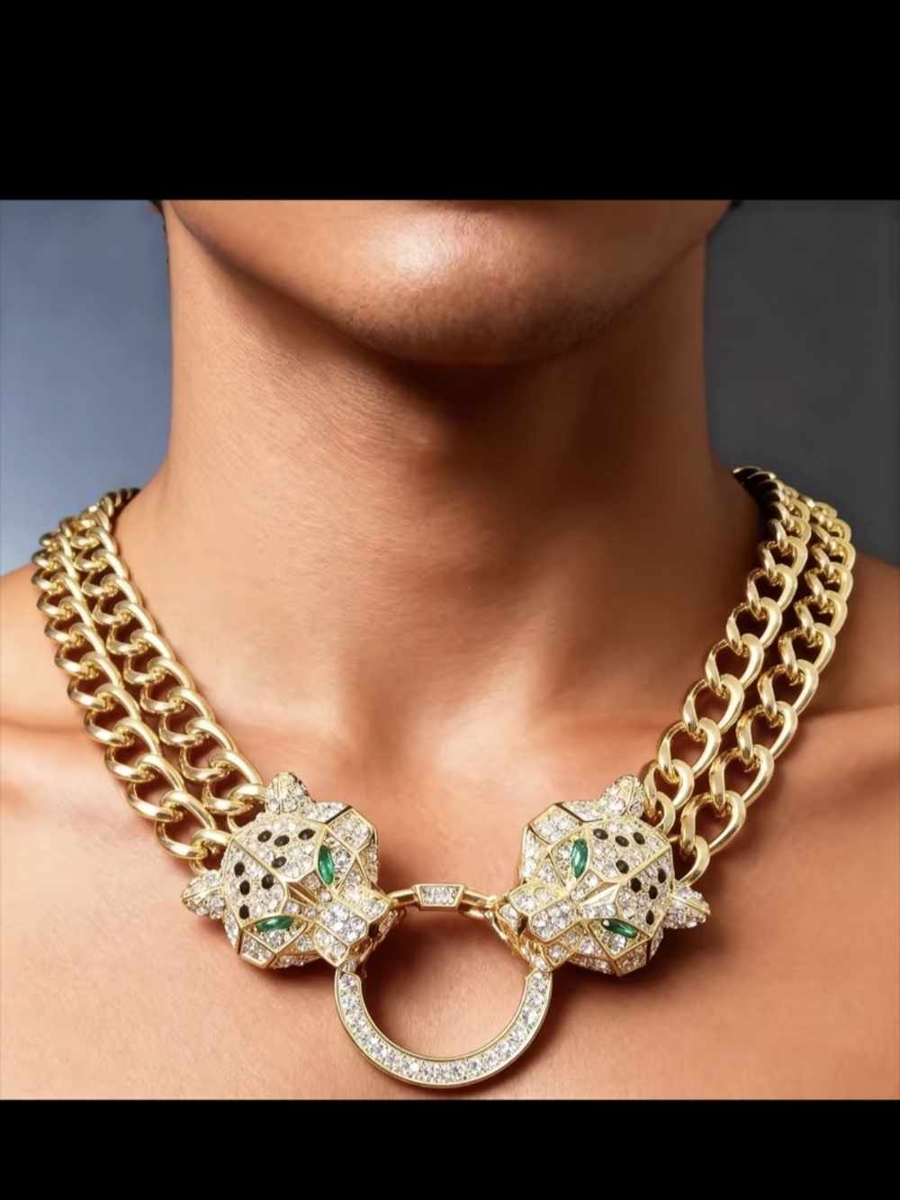 Gold-Tone Crystal Panther Double Link Mens Pendant